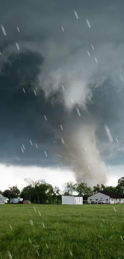 A tornado touches down over a lush green field under a swirling stormy sky.