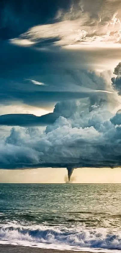 Dramatic tornado over ocean with a moody sky, perfect for nature lovers.