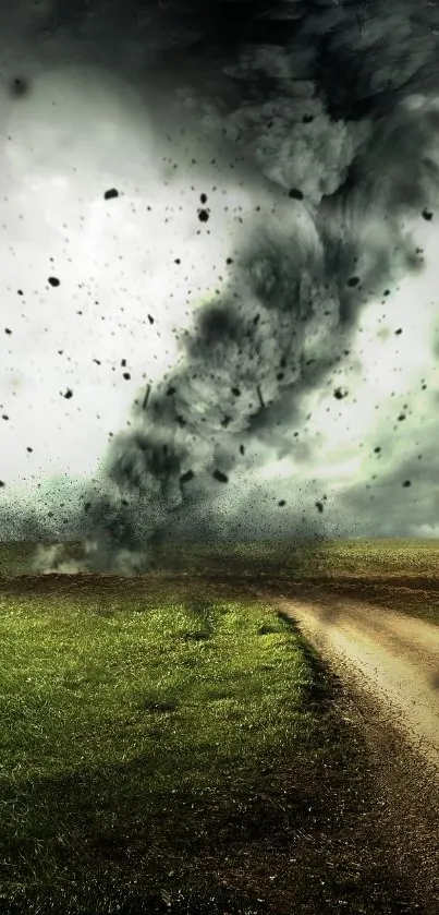 Tornado swirls over a grassy landscape under a stormy sky.