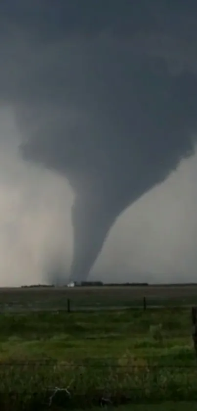 Tornado sweeping across a countryside field under dark stormy skies.