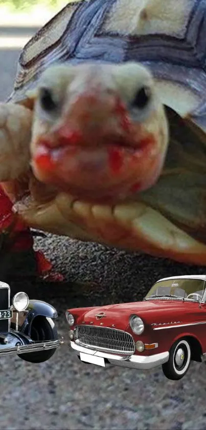 Tortoise with vintage cars creates a unique and classic wallpaper.