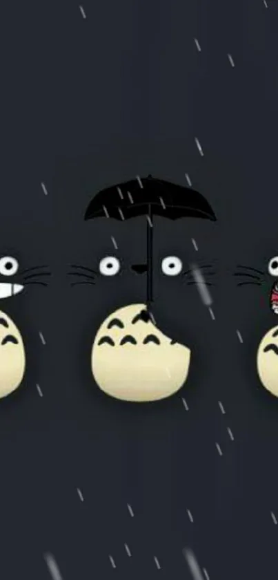 Dark-themed Totoro trio mobile wallpaper with a cute, minimalist design.