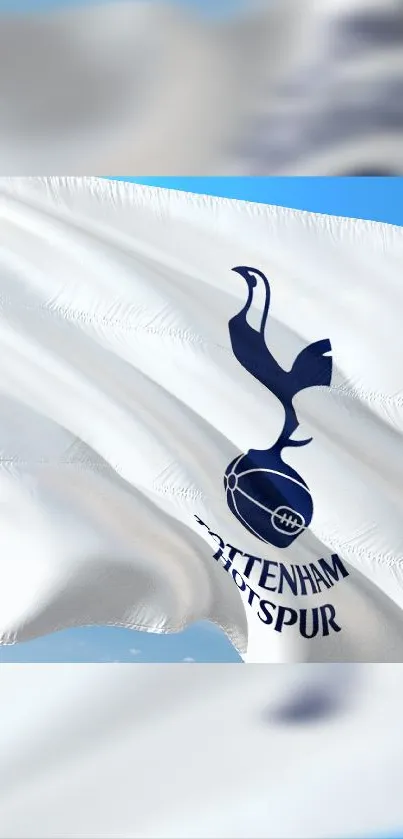 Tottenham Hotspur flag waving against a blue sky.