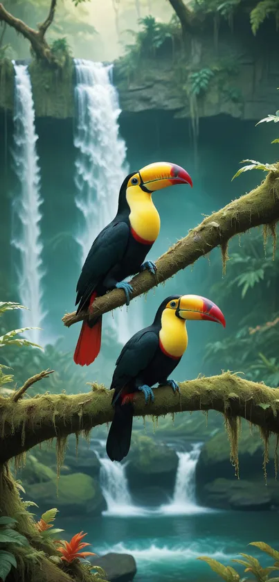 Two toucans on branches with a jungle waterfall background.