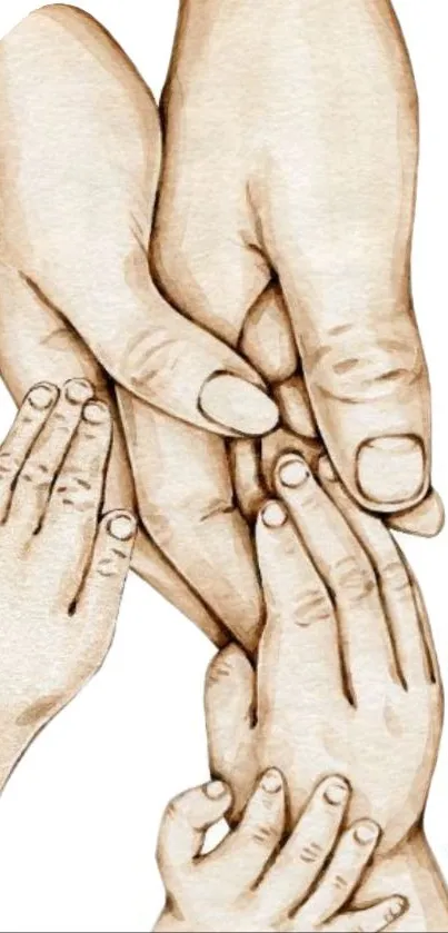 Artistic sketch of intertwined adult and child hands in soft beige tones.