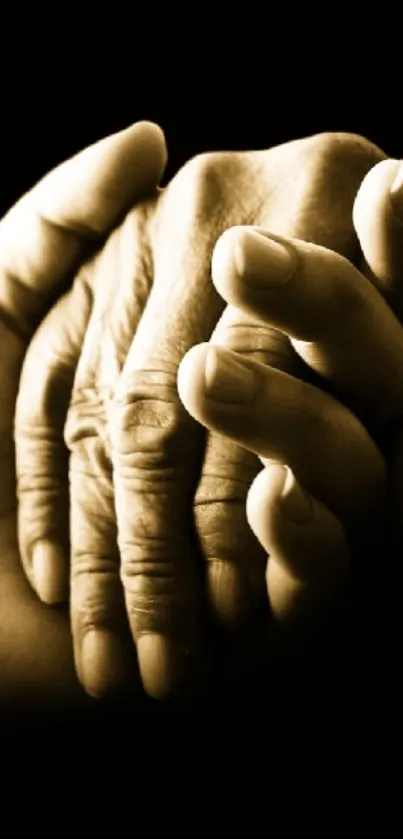 Two hands holding each other in a sepia-toned, emotional wallpaper.