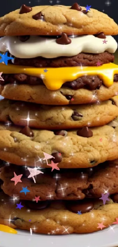 Stack of sparkling chocolate chip cookies with creamy layers on a plate.