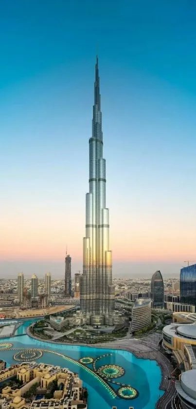 Tall skyscraper under a vibrant blue sky in a modern cityscape wallpaper.