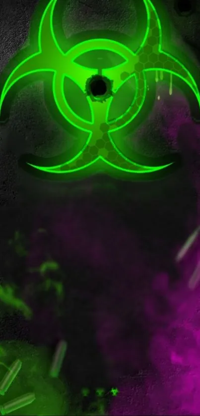 Neon green biohazard symbol with smoke effect on a dark background.