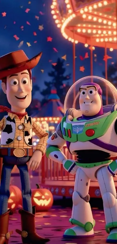 Iconic toy characters in a colorful night amusement park scene.