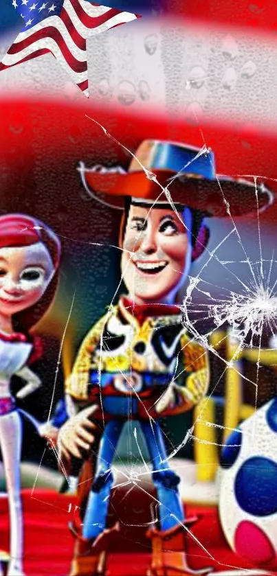 Vibrant animated toy wallpaper with shattered glass effect and patriotic theme.