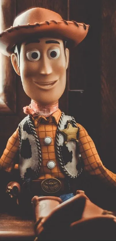 Toy cowboy with cityscape model on windowsill.