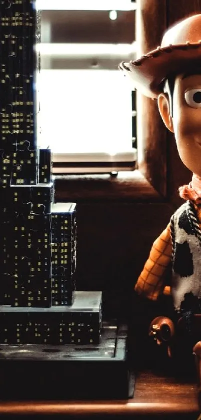 Toy cowboy beside a city model on a wooden table.
