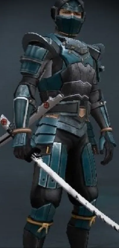 Futuristic ninja in blue armor with swords.