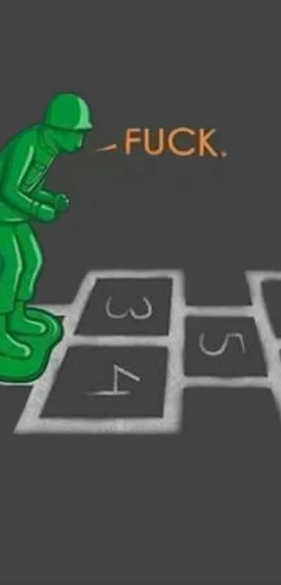 Green toy soldier on hopscotch with a playful twist.