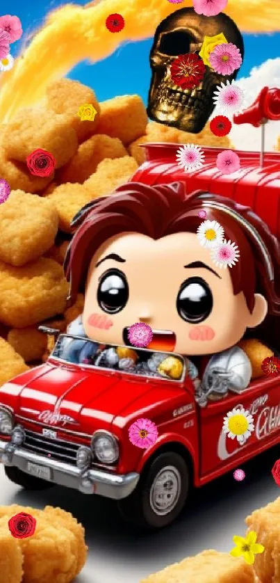 Red toy truck surrounded by chicken nuggets and a fantasy sky.