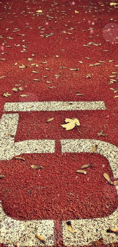 Running track with number 5 and scattered autumn leaves.