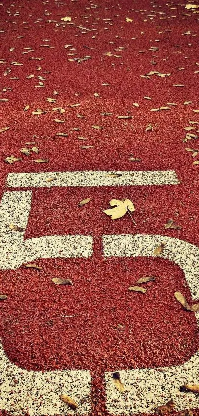 Running track wallpaper with number five and leaves.