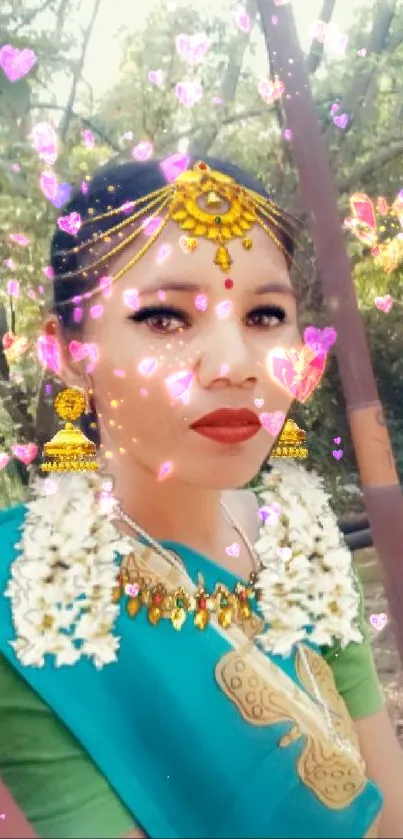 Woman in traditional attire with jewelry in natural setting.