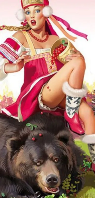 Woman in red with a bear in vibrant illustration.