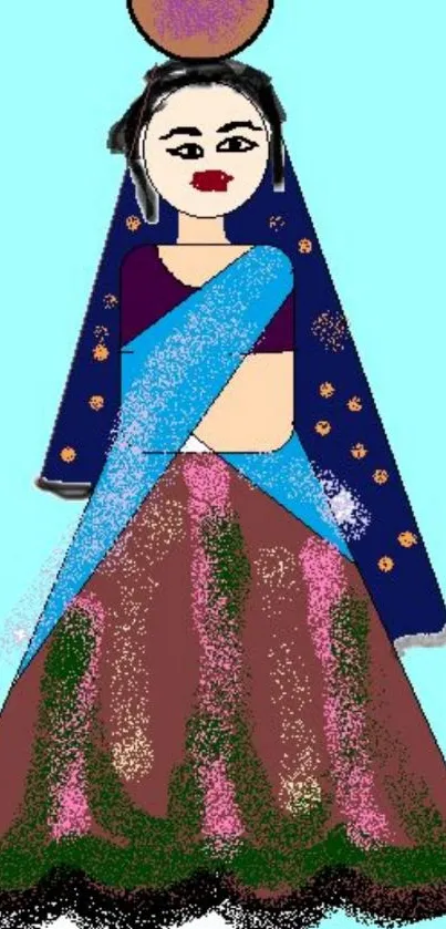 Illustration of a woman in traditional attire with a pot on her head.