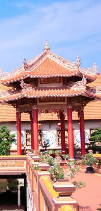 Ornate Asian pagoda with blue sky background.