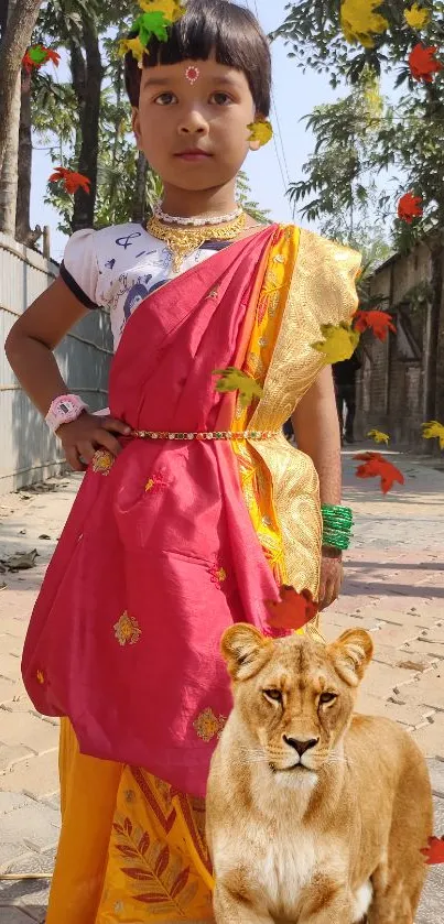 Child in traditional attire with a lion amidst falling leaves.