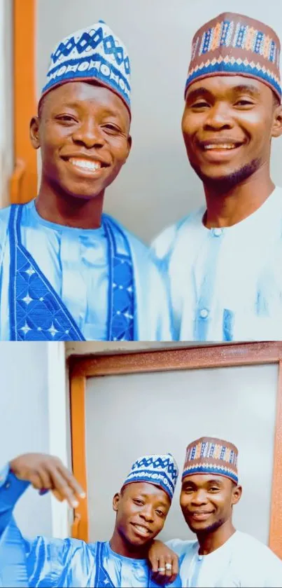 Two smiling men in stunning traditional attire.