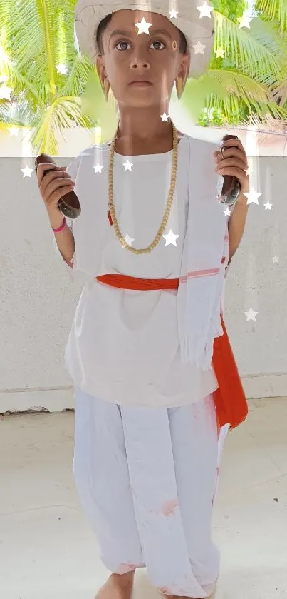 Kid in traditional white attire with tropical background and star overlay.