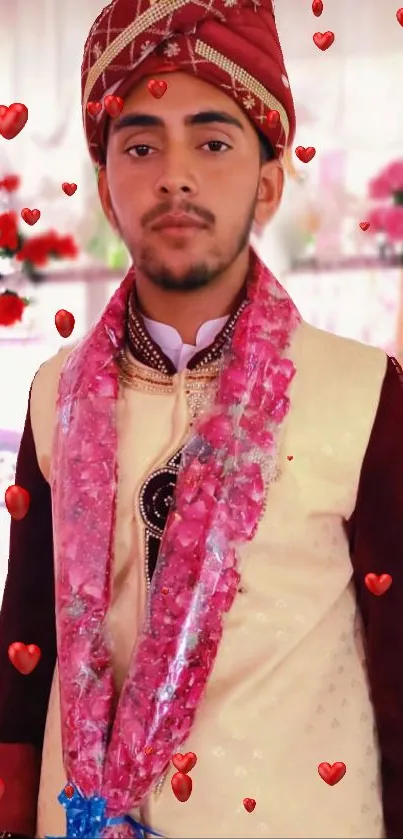 Man in traditional attire with red and pink accents.