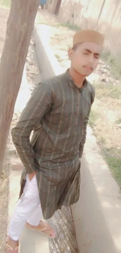 Young man in traditional attire outdoors.