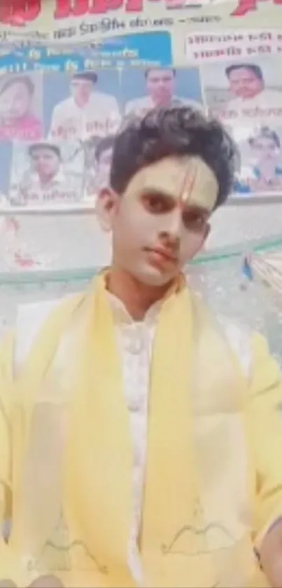 Young person in yellow traditional attire with cultural background.