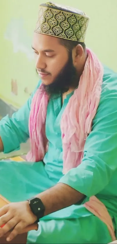 Man in traditional green attire with pink scarf.