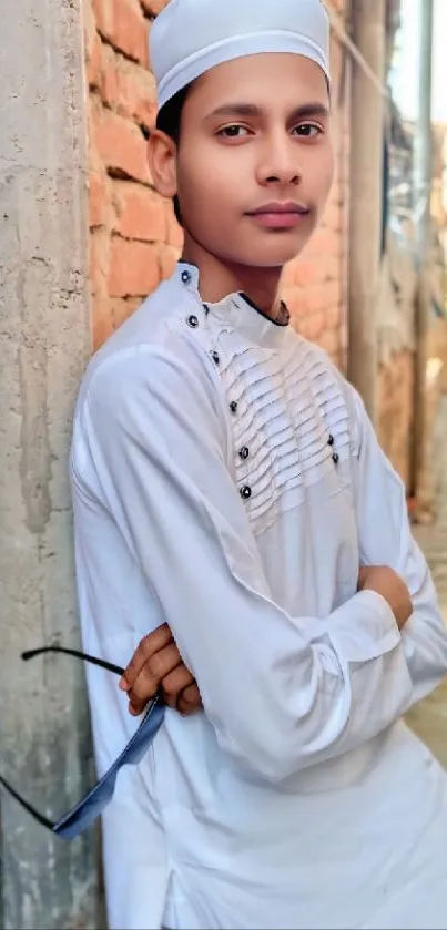 Portrait of a person in traditional attire against a brick wall.