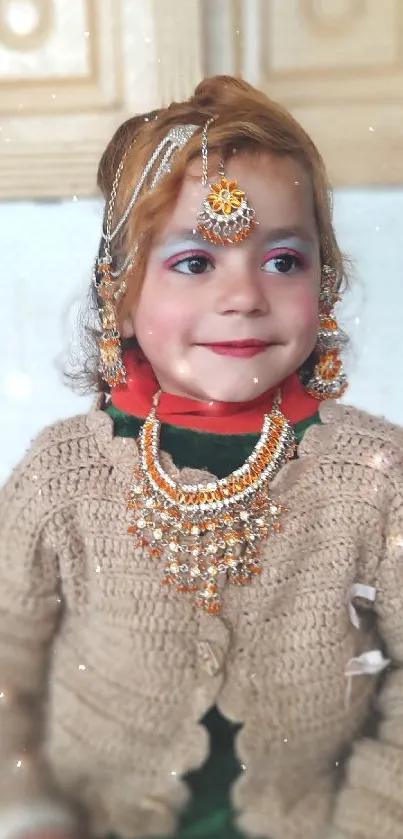 Portrait of a child wearing traditional attire and intricate jewelry on a beige background.