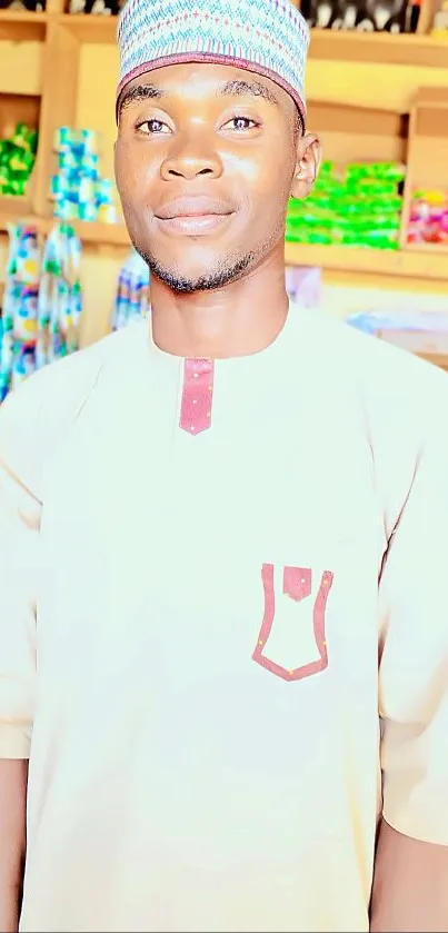 Man in traditional attire inside a colorful shop.