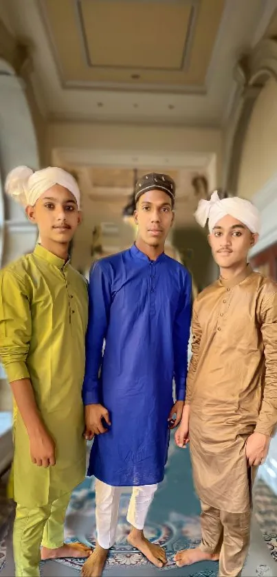 Three individuals in traditional attire standing indoors with arched windows.