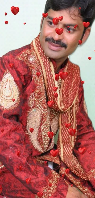 Man in traditional attire with floating red hearts.