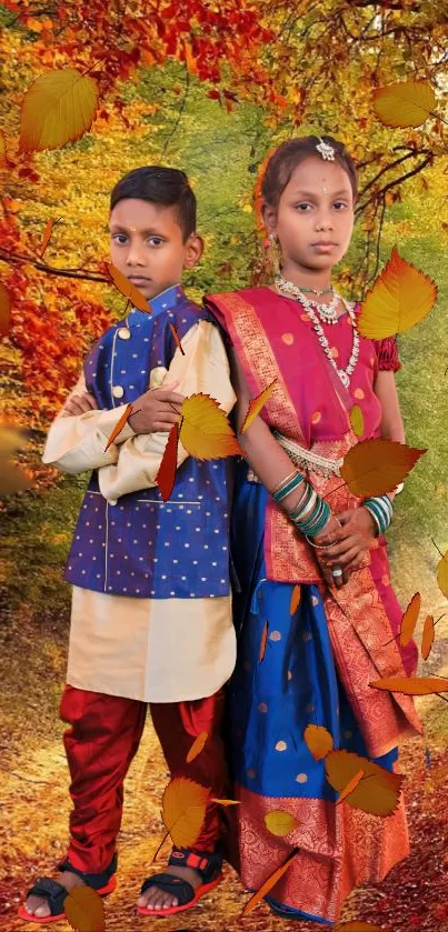 Children in traditional attire amidst autumn leaves.