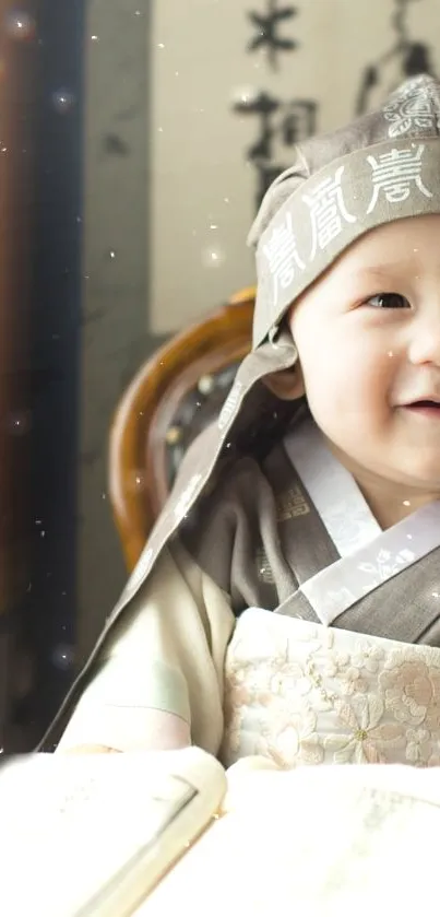 Smiling baby in traditional attire with a soft, cultural background.