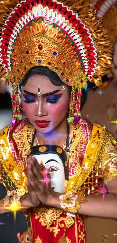 Traditional Balinese dancer in colorful, ornate costume and headdress.