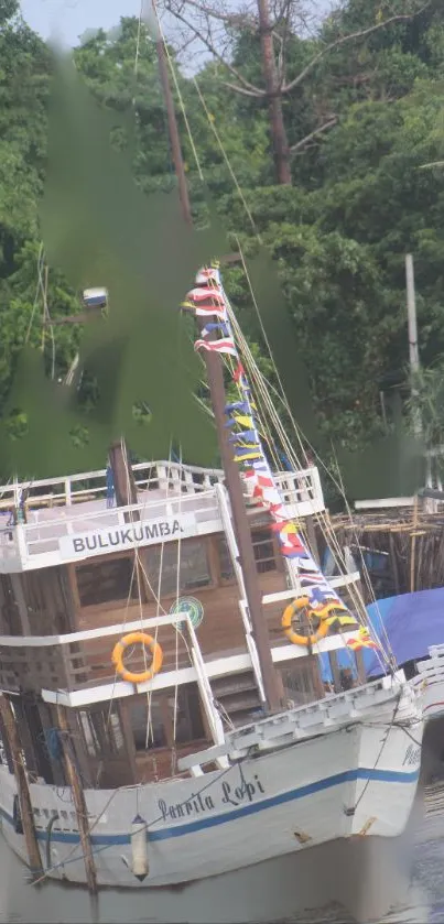 Traditional wooden boat with colorful flags against green foliage backdrop.