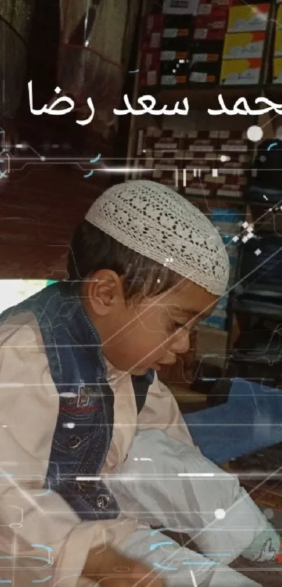 Young boy in denim vest and cap, seated in a colorful textile store.