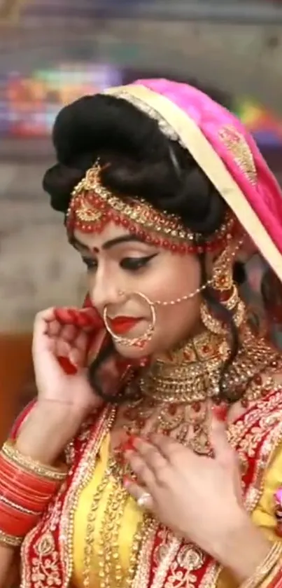 Traditional bride adorned in vibrant attire and jewelry.