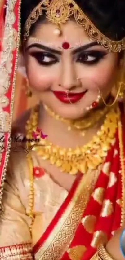 Traditional bride in red saree with ornate jewelry.