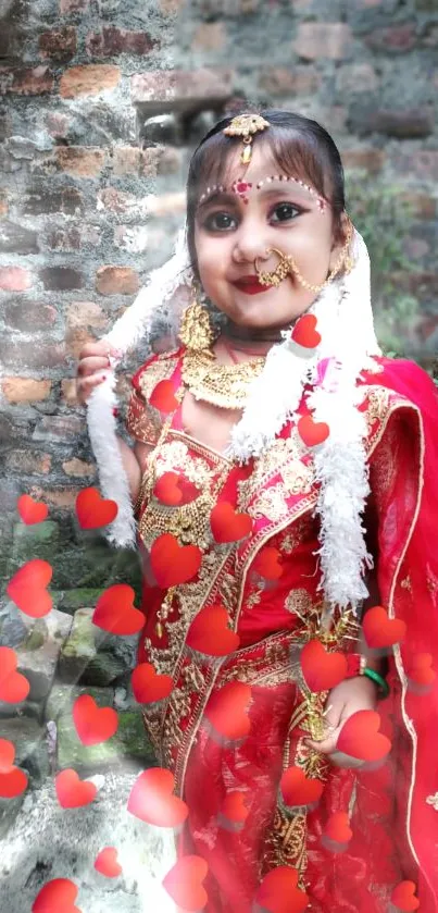 Mobile wallpaper of a traditional bride in red saree with floating hearts.