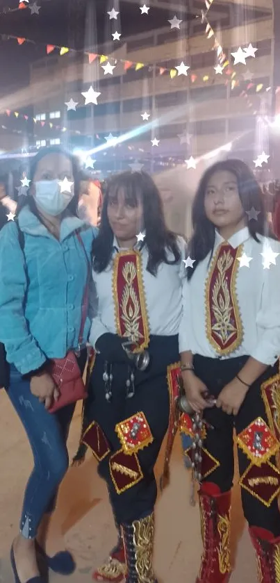 Traditional attire at night market, festive stars overhead.