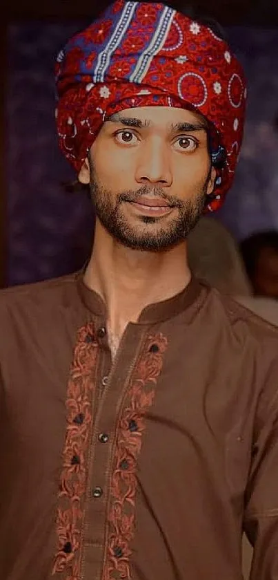 Portrait in traditional attire with a vibrant turban and embroidered shirt.