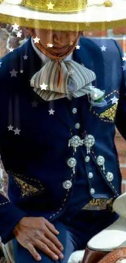 Traditional charro rider in navy suit with rustic backdrop.