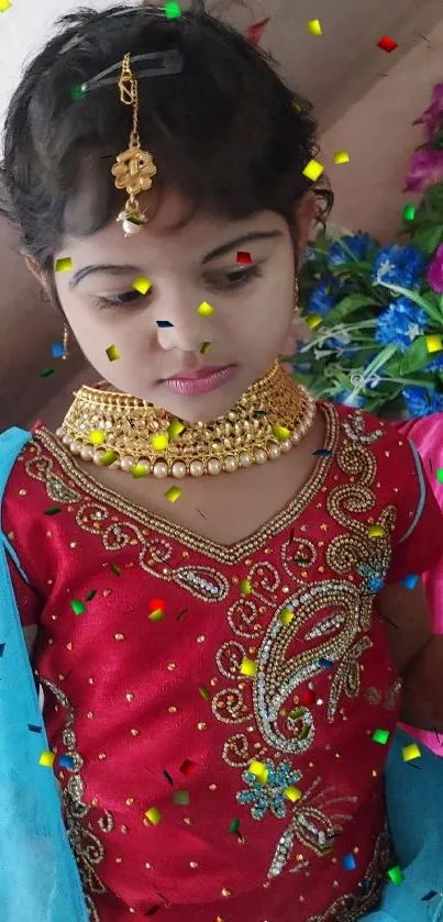 Child in traditional dress with red and blue hues, adorned with gold jewelry.